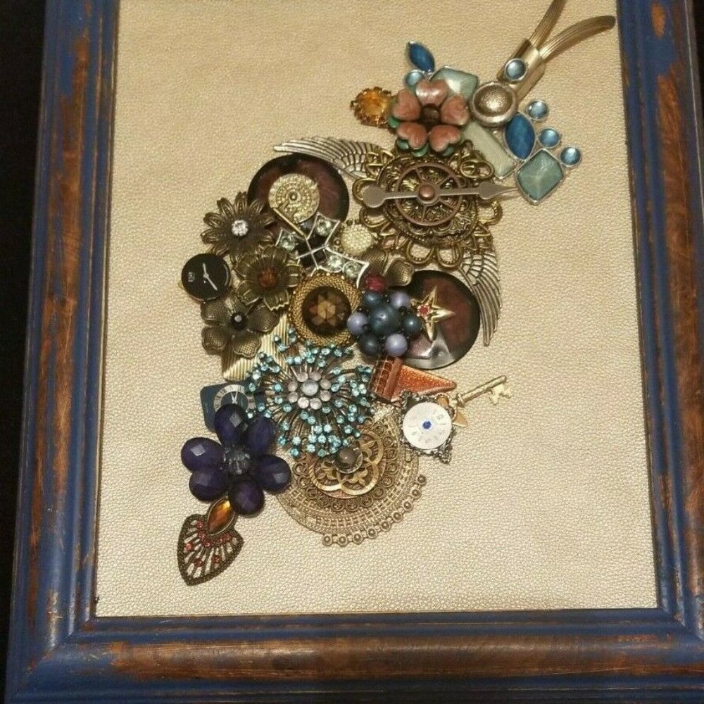 FRAMED VTGJEWELRY ART 10X12 "TIME" OOAK HANDMADE